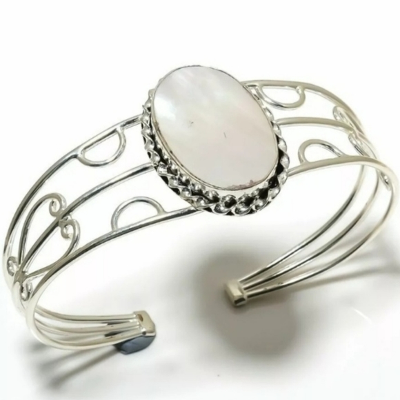 Mother of Pearl Silver Scrolled Cuff Bangle Bracelet - Picture 7 of 7